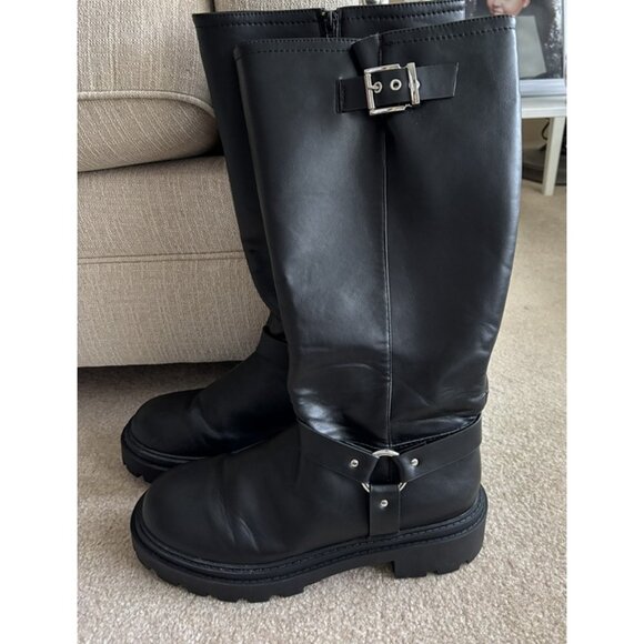 ASOS New Look, Extra Calf Fit Black Vegan Leather Knee-High Biker Boots - Picture 2 of 12